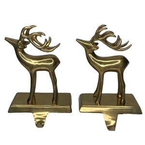 Pair of Brass Mantel Holder Hangers Reindeer Christmas Holiday Stocking